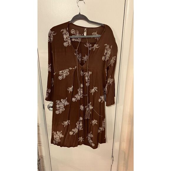 Three Little Birds Cotton Gauze Brown Boho Dress Size L - Picture 1 of 9
